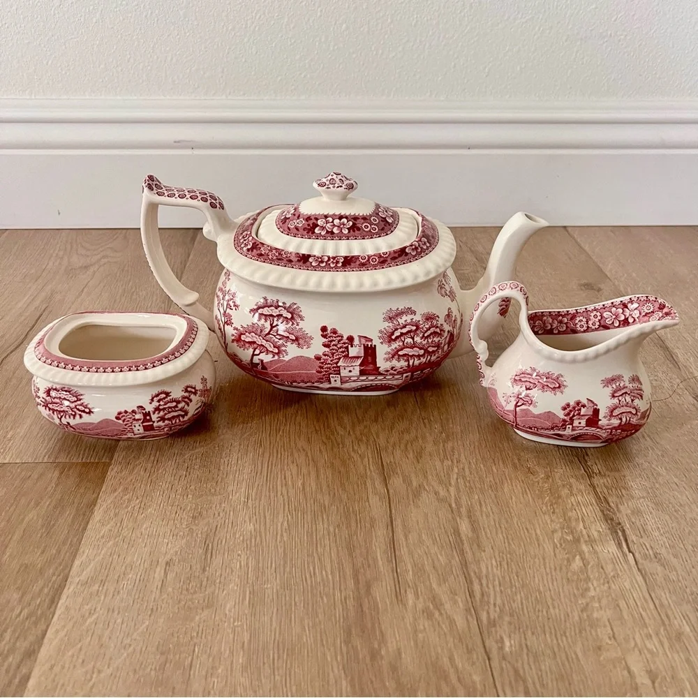 Spode England “ Pink Tower “ 5 Cup Teapot, Creamer, Sugar‎ Bowl Set - Vintage